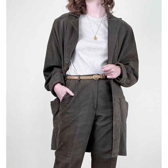 Vintage Suede Leather Matching Set Suit Oversized High Rise Long Unique Luxury - Picture 5 of 13